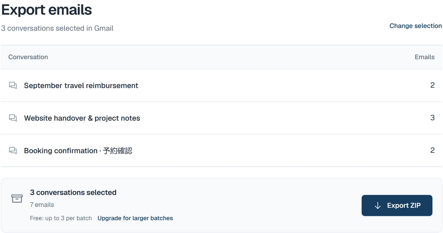 Actual app listing three selected conversations, containing 2, 3 and 2 emails, with the Export ZIP action